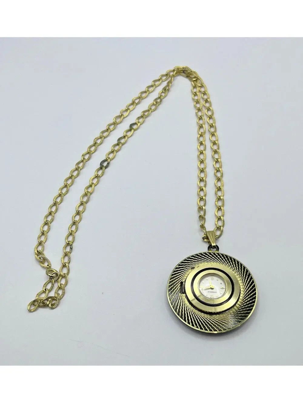 Vintage Caravelle 7 Jewel Skeleton Ball Pendant Black + Gold Watch NOT WORKING
